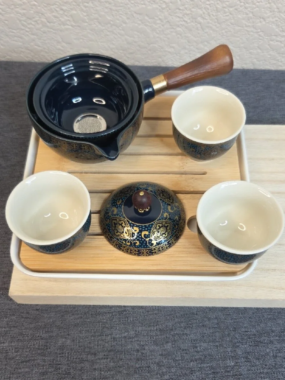 Elegant Blue and Gold Porcelain Infuser Travel Teapot Set with 3 Cups